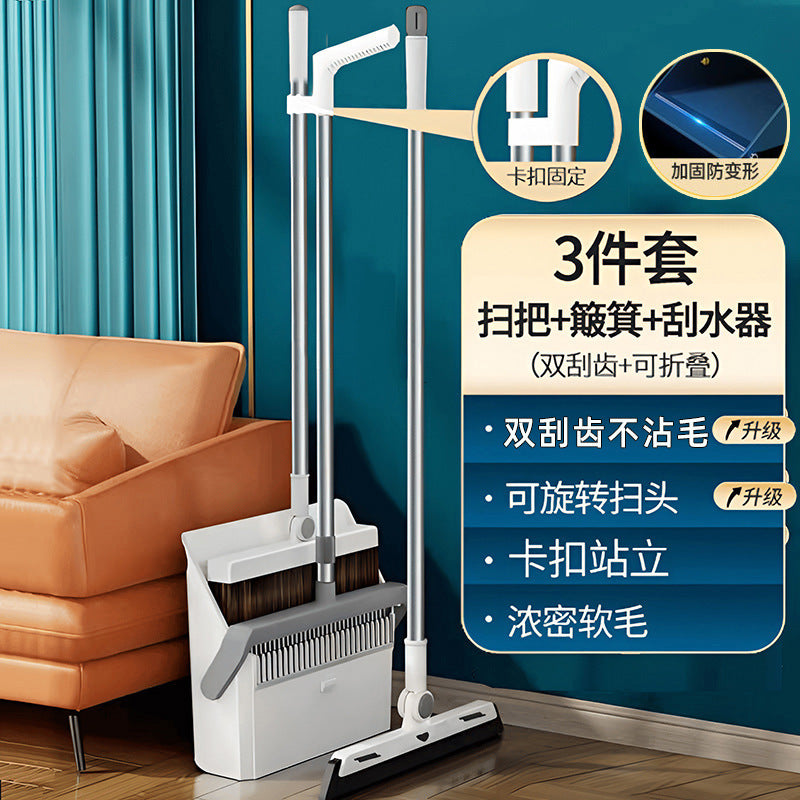 Extra large & thick broom and dustpan set - soft bristles, magnetic attachment, foldable broom, floor sweeper, hair sweeper for home use