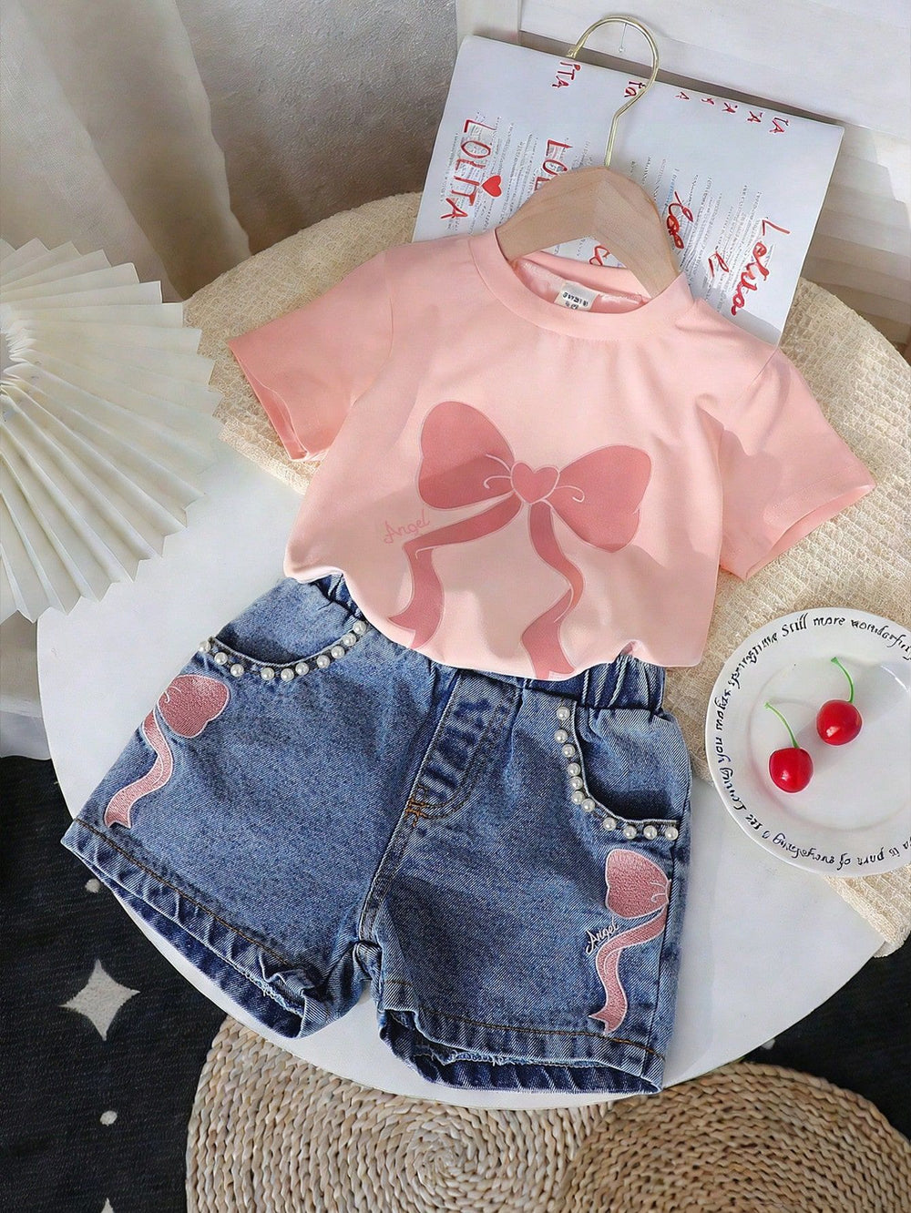 new cross-border girls' round neck printed knit top and denim beaded embroidered jeans two-piece set
