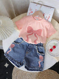 new cross-border girls' round neck printed knit top and denim beaded embroidered jeans two-piece set