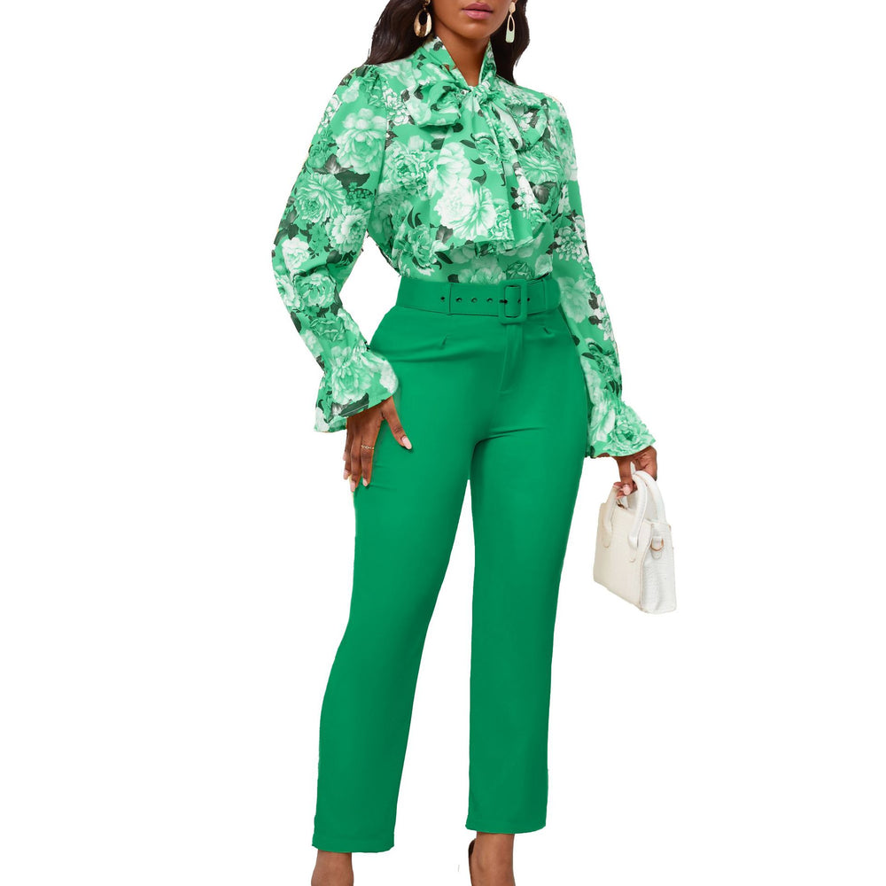 D457  fashion new arrivalfashionprinting strappy long-sleeved topshigh waist trousers casual pants exportsuit