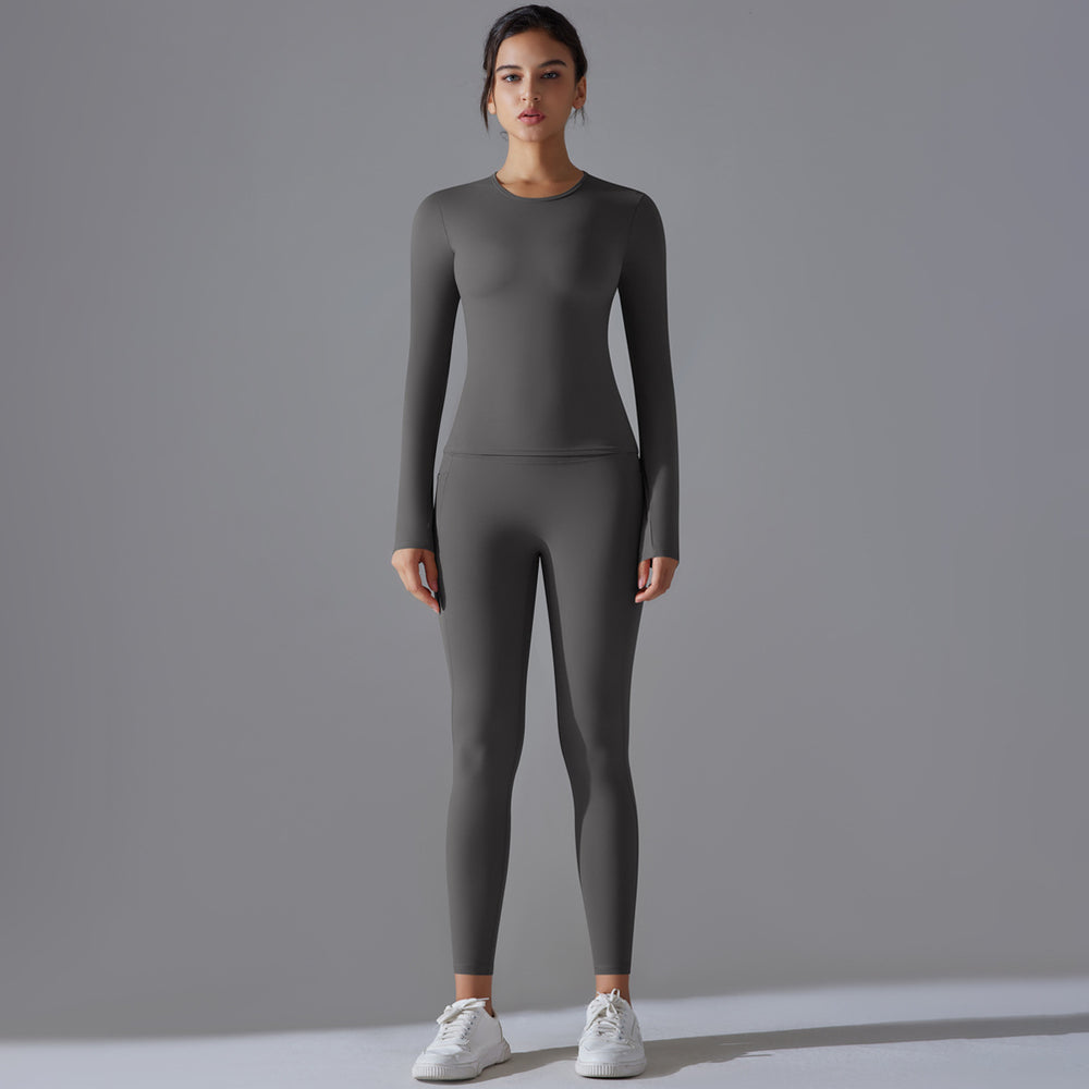 New solid color double-sided brushed breathable high-stretch compression long sleeve yoga set - activewear running fitness two-piece outfit