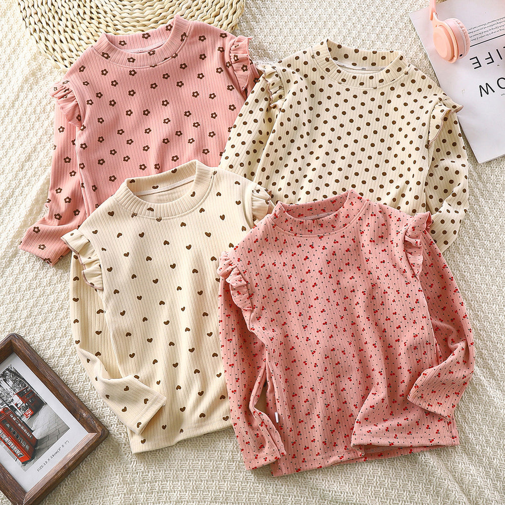 Girls' fall/winter floral print undershirt - girls' flutter sleeve autumn t-shirt - versatile trendy flutter sleeve undershirt for little girls