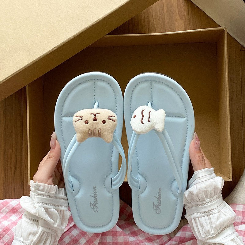 Cute cartoon catfish flip-flops women's outer wear non-slip flip-flops women's soft bottom beach shoes indoor home slippers