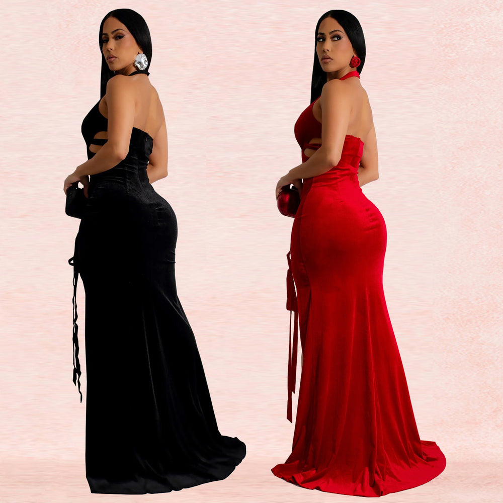 C7156 cross-border   fashion women's halter neck sleeveless sexy slit maxi dress new