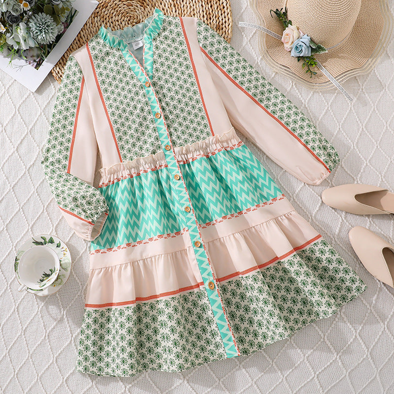 girls' dress  autumn  new arrival: pastoral style color block print long sleeve flared shirt dress