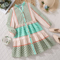 girls' dress  autumn  new arrival: pastoral style color block print long sleeve flared shirt dress