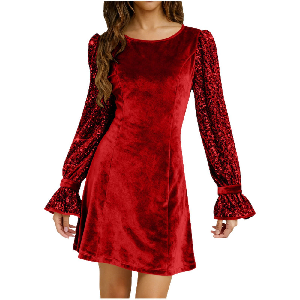 european and american   women's fashion solid color round neck gold velvet sequin long sleeve dress