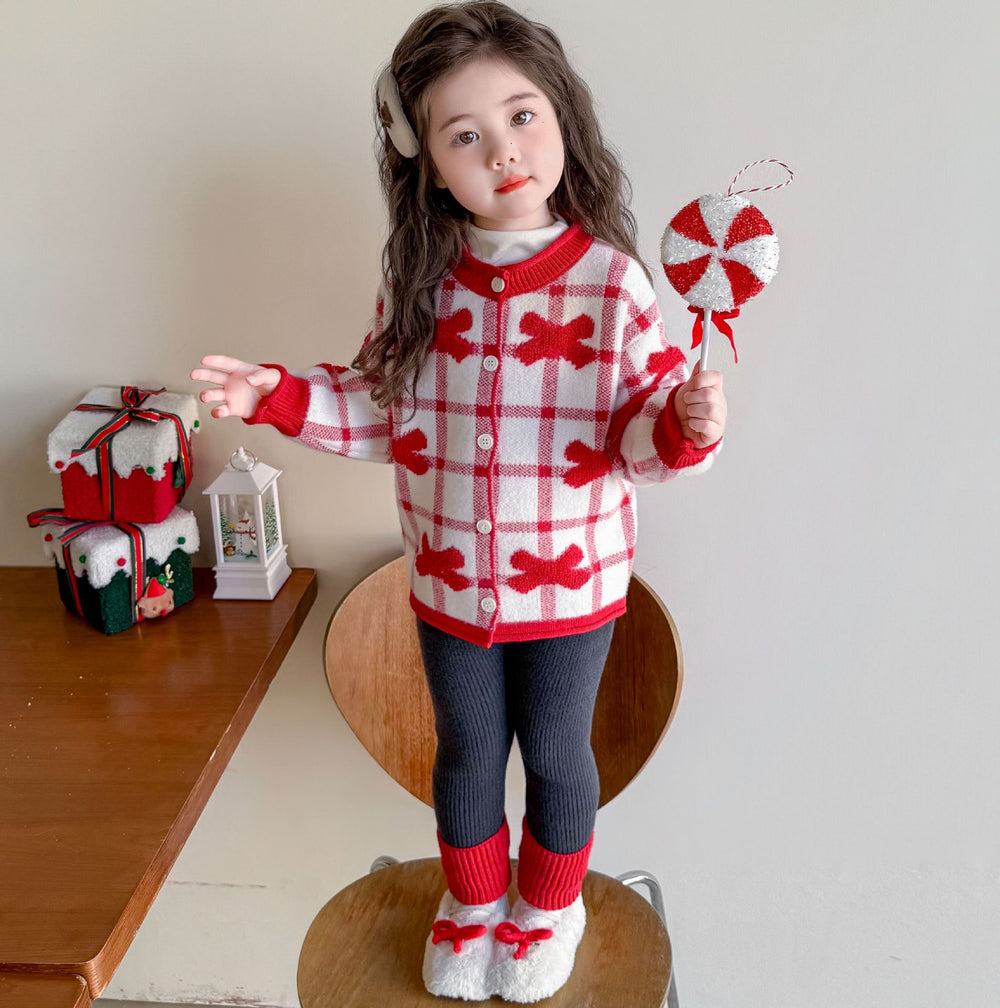 Girls' plaid knit cardigan with bow detail - new autumn/winter  collection - sweet, stylish, and versatile outerwear set