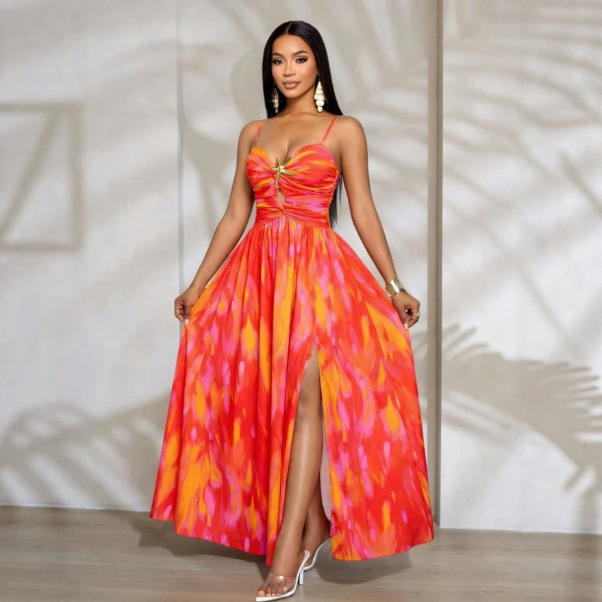 sexy tropical print cutout high slit backless vacation sundress with gold starfish embellishments