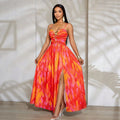 sexy tropical print cutout high slit backless vacation sundress with gold starfish embellishments