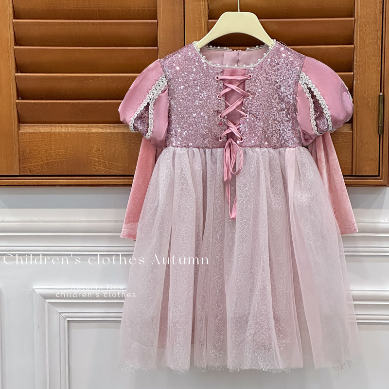 Girls' dress  autumn new fashionable sequin tutu dress high-end heavily embellished princess dress hostess gown