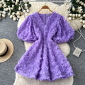 French court style v-neck lantern sleeve 3d floral dress - women's elegant a-line dress with cinched waist, princess style