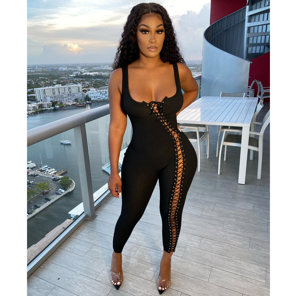 C5245    european and american women's fashion summer new sexy strappy hollow-out jumpsuit