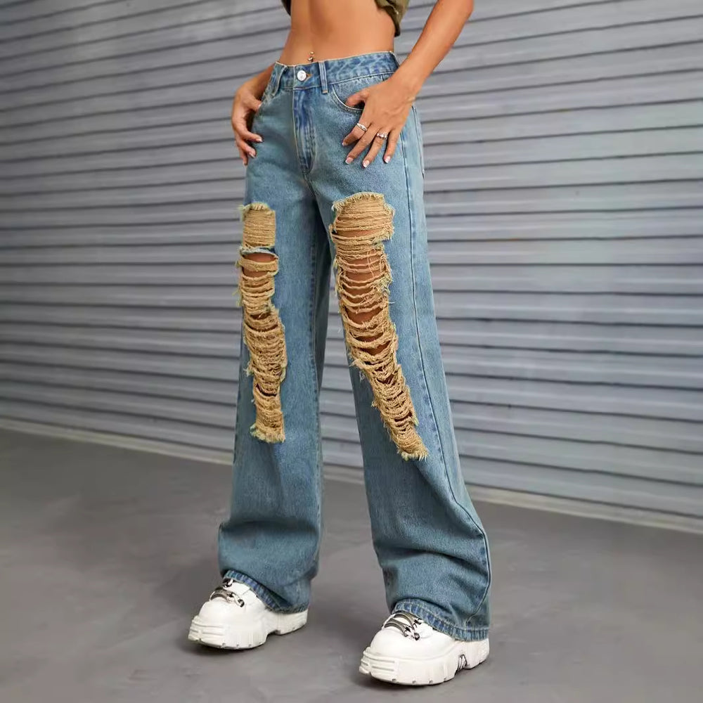 In-stock - 65056##  cross-border fashion women's casual versatile distressed wide-leg denim jeans