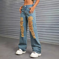 In-stock - 65056##  cross-border fashion women's casual versatile distressed wide-leg denim jeans