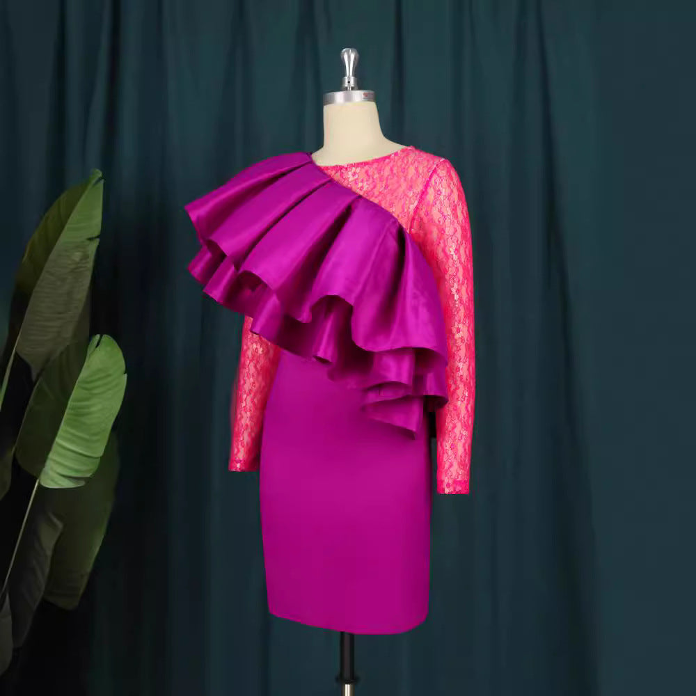 Plus size women's birthday party evening dress - unique mesh panel ruffle hem party dress