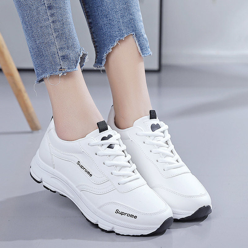 Women's sneakers 2025 spring/autumn new breathable leather white shoes korean style versatile thick sole casual running shoes