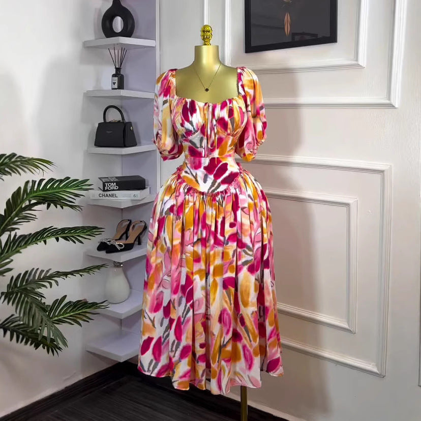 export spring/summer new arrival: elegant camisole bandeau dress with cinched waist and flowy maxi skirt, printed women's dress