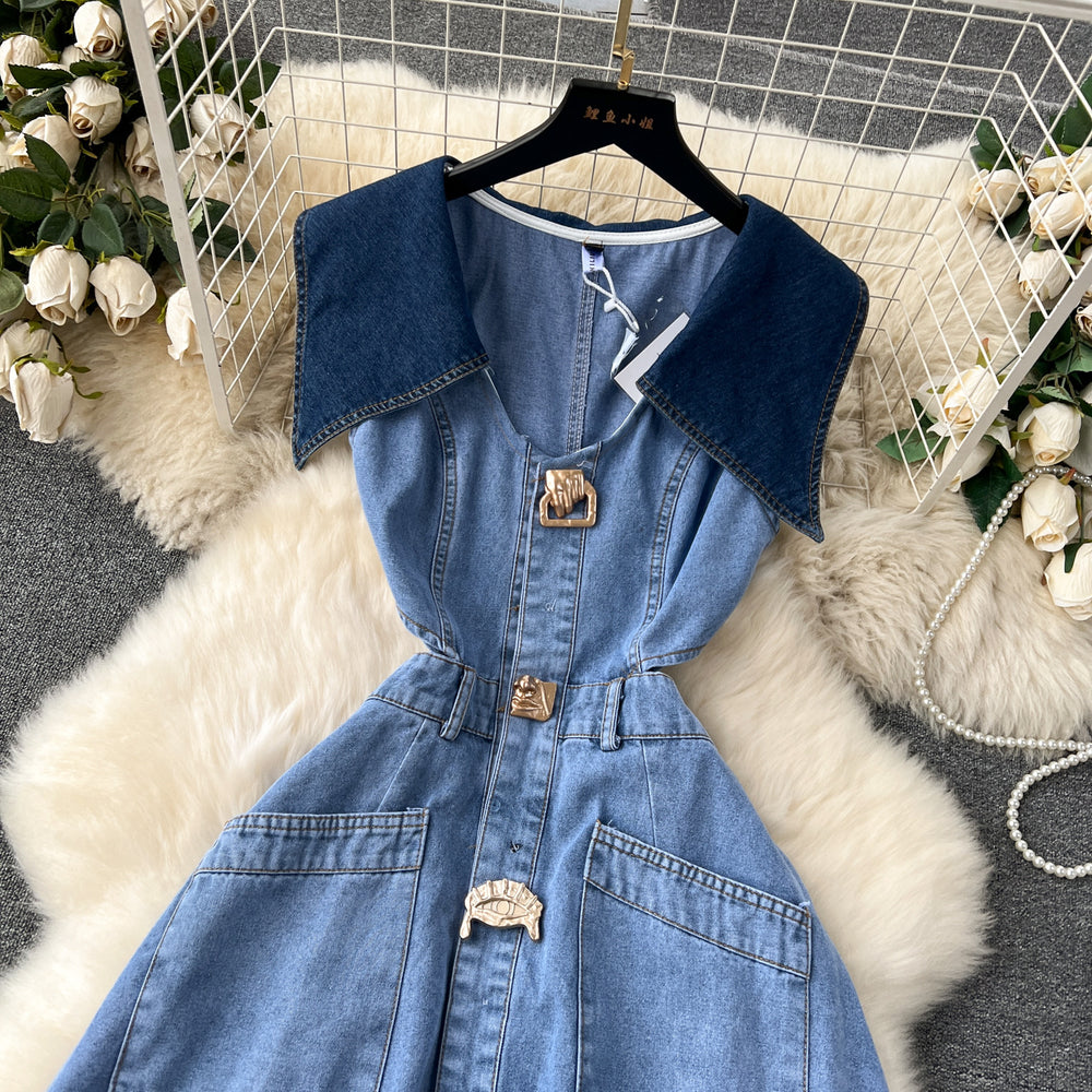 Sense of design large lapel sleeveless vest dress female heart cut out exposed waist silmlongchinese ancient style denim dress female