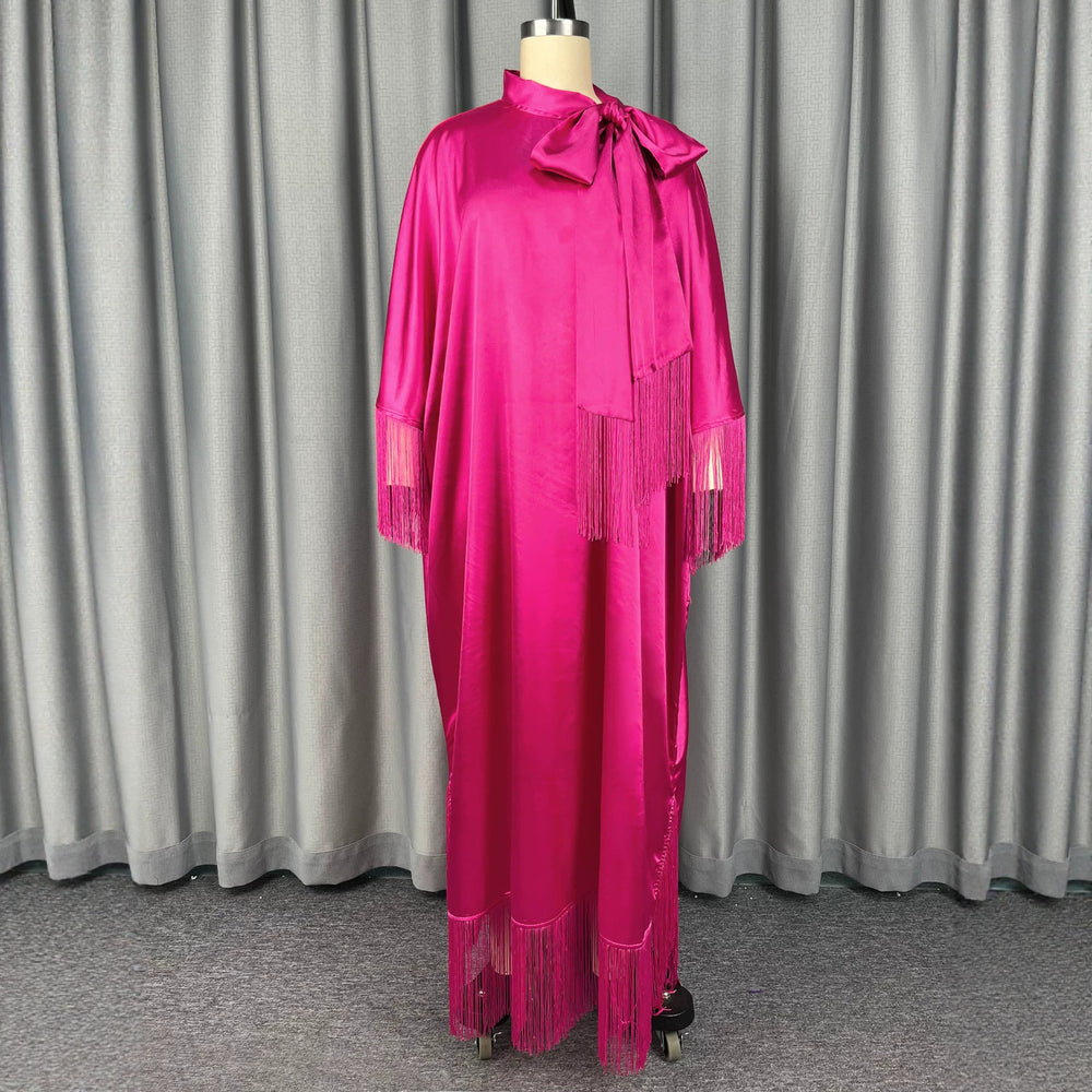 New african solid color batwing sleeve dress with bow tie and satin tassel robe dress (bubudress)