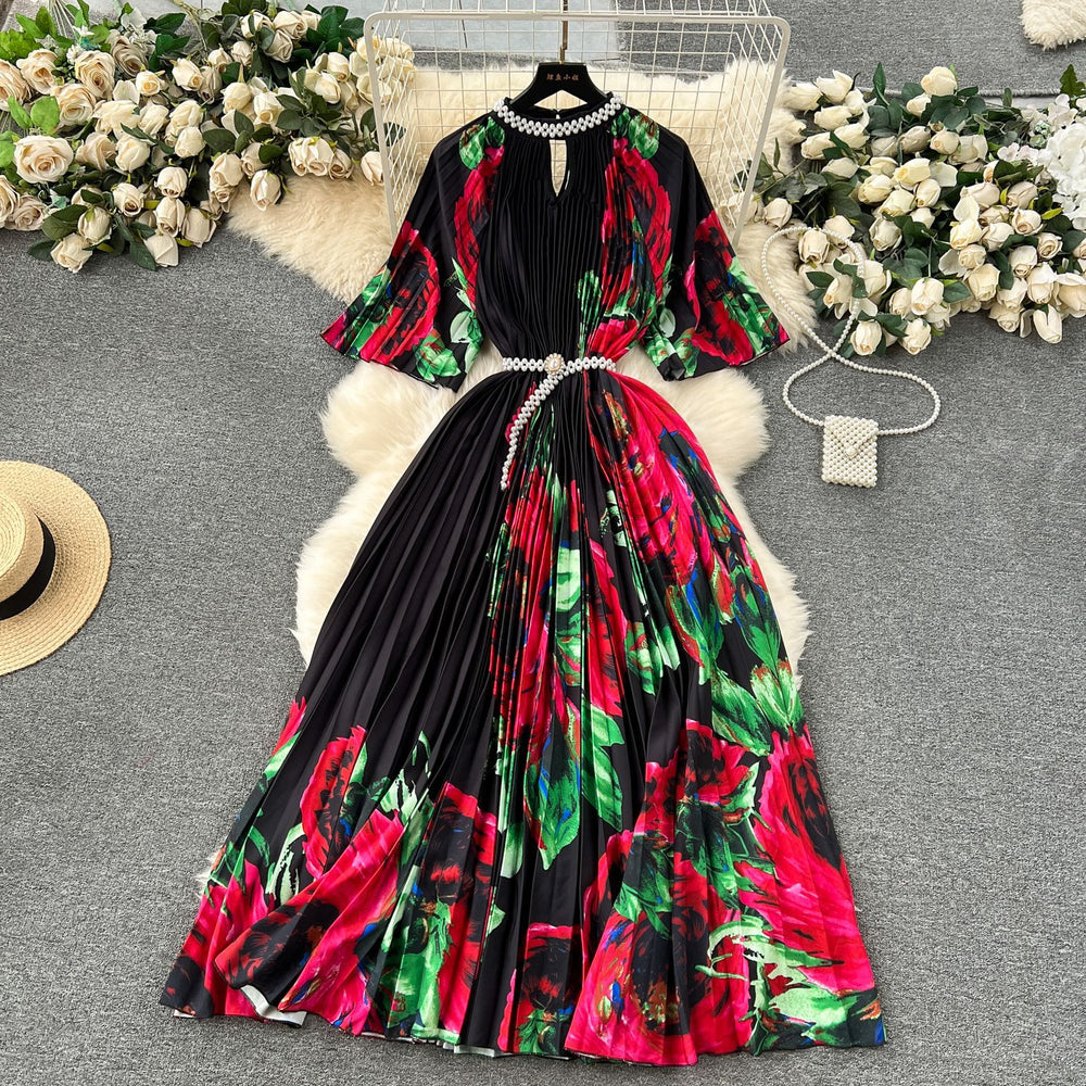 European style plus size women's high-end printed, heavily beaded, pleated long formal dress with pleated skirt - elegant women's dress