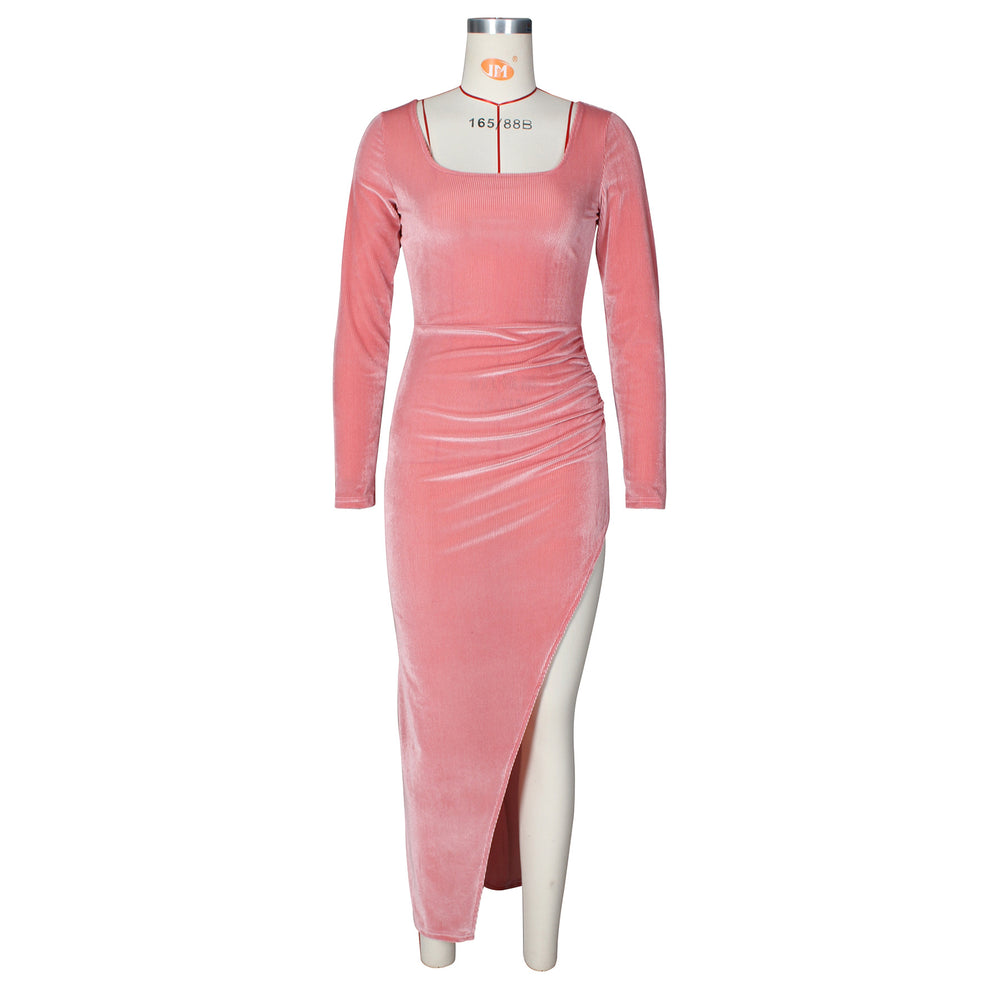 Amazon cross-border fashion:  autumn/winter sexy square neck high slit gold velvet dress - evening party maxi dress