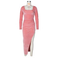 Amazon cross-border fashion:  autumn/winter sexy square neck high slit gold velvet dress - evening party maxi dress