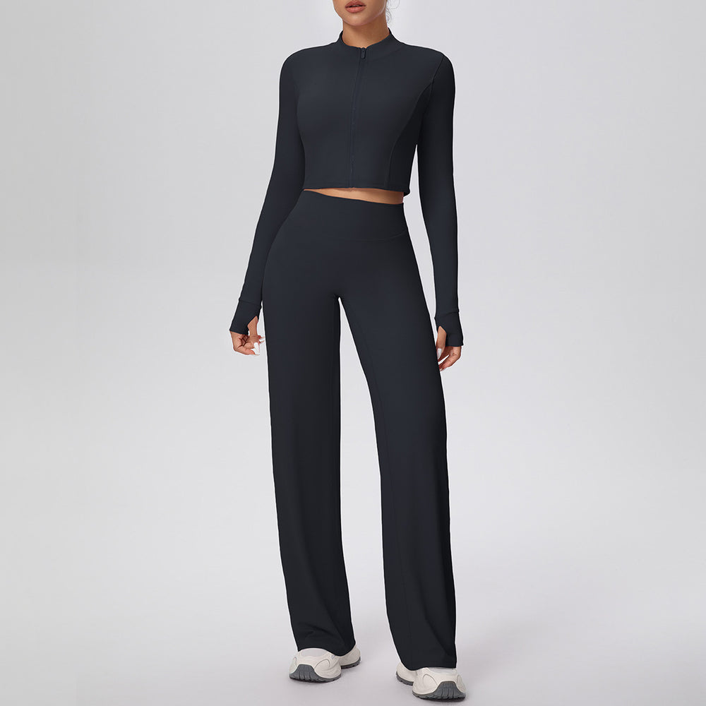 New arrival: solid color double-sided brushed fleece zip-up jacket & wide-leg yoga pants set - perfect for running, fitness, and activewear