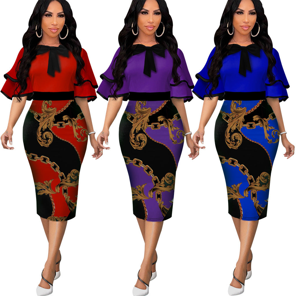 Spring 2022 European and American  new   independent station printed hot diamond round neck dress women