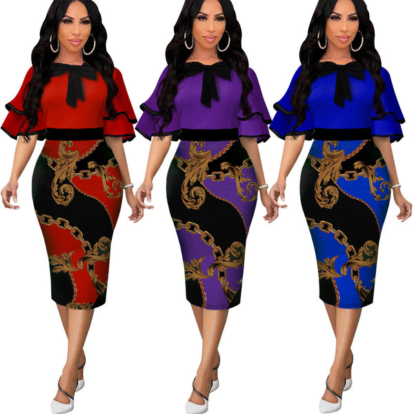 Spring 2022 European and American  new   independent station printed hot diamond round neck dress women