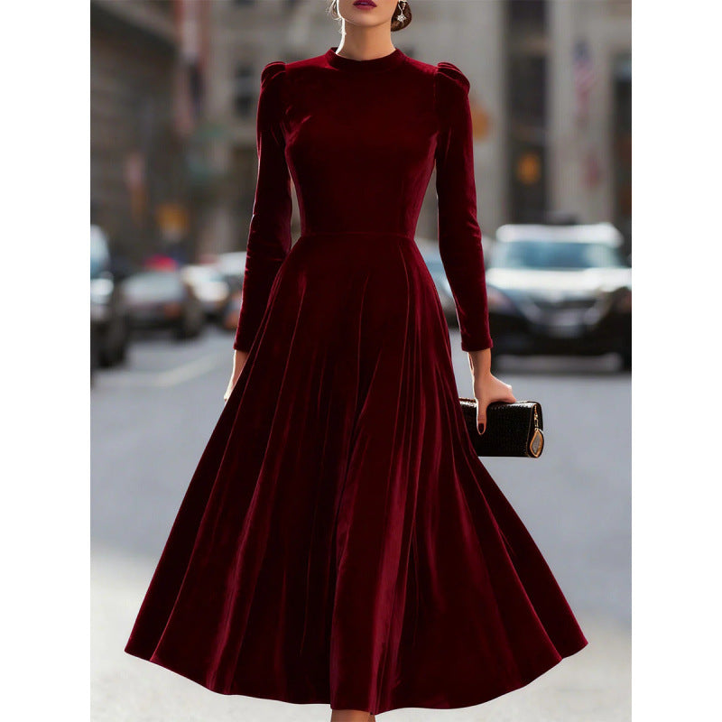 Fashion cross-border exportdress new arrival gold velvet round neck long sleeves dress