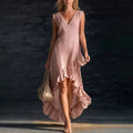 european and american cross-border  new fashion romantic sleeveless v-neck ruffle hem cotton linen maxi dress