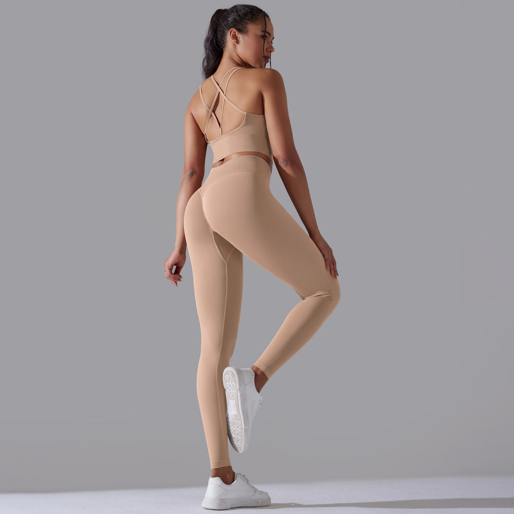 fashion seamless knittingpure color beautiful back high elastic tight yoga suit running fitness suit two-piece set for women