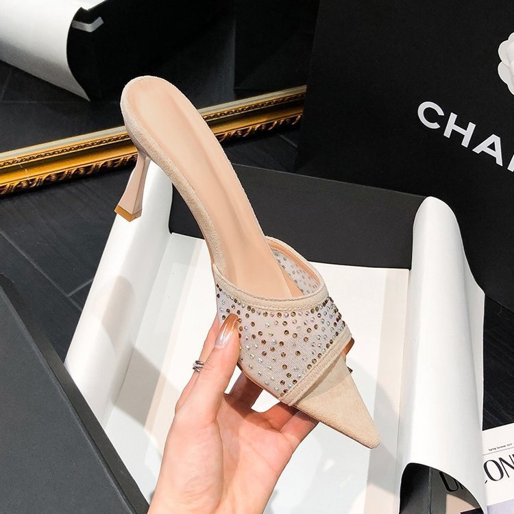 跨境大码尖头水钻时尚高跟凉拖鞋2025夏季新款增高外穿露趾女鞋