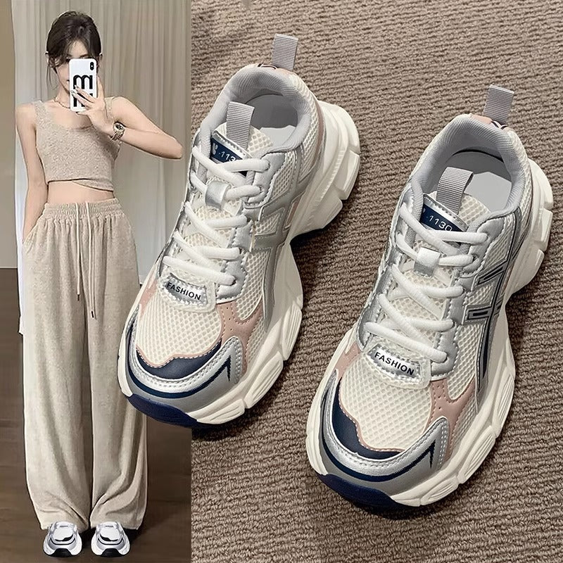 Chunky platform sneakers for women, 2026 new spring/summer collection, breathable mesh, student running shoes, trendy street style, lightweight casual athletic shoes