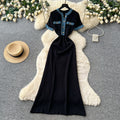 French chic knitted dress - women's summer short sleeve korean style metallic buckle slim fit retro maxi dress