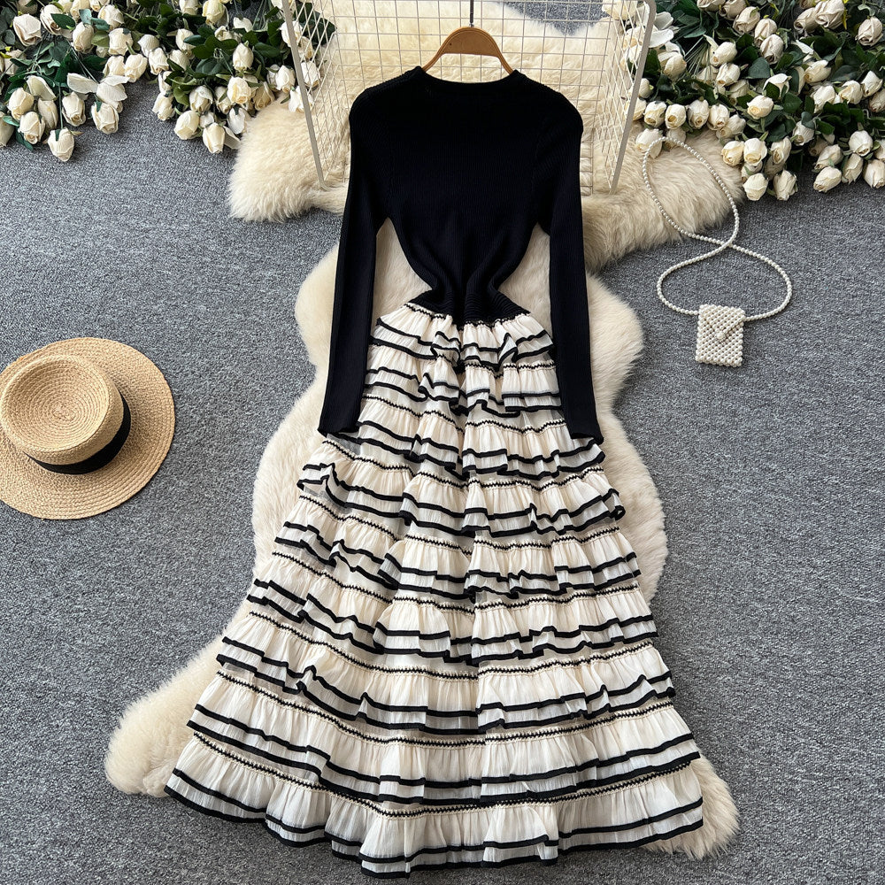 French style faux two-piece color block striped a-line cake dress - women's autumn knit long sleeve high waist slimming commute dress