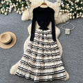 French style faux two-piece color block striped a-line cake dress - women's autumn knit long sleeve high waist slimming commute dress