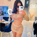 e-commerce  hot-selling european and american women's summer knitted hollow-out strappy beach outfit short skirt set