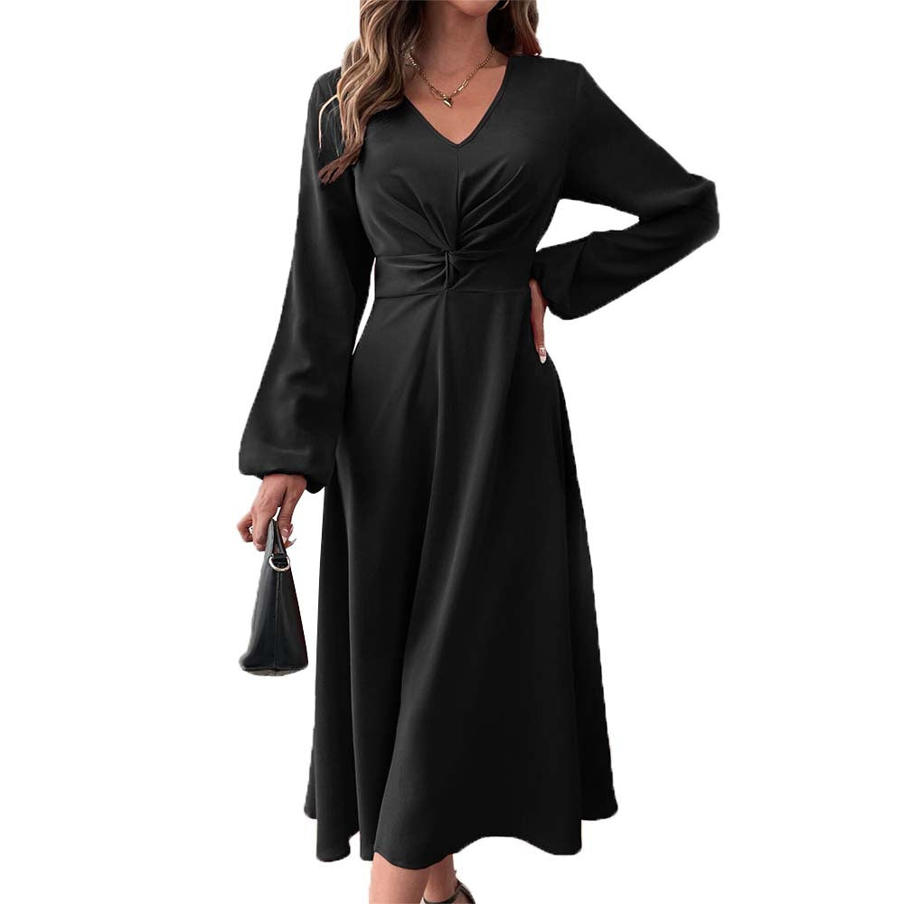 cross-border french chic v-neck dress - autumn/winter elegant a-line high-waisted midi dress