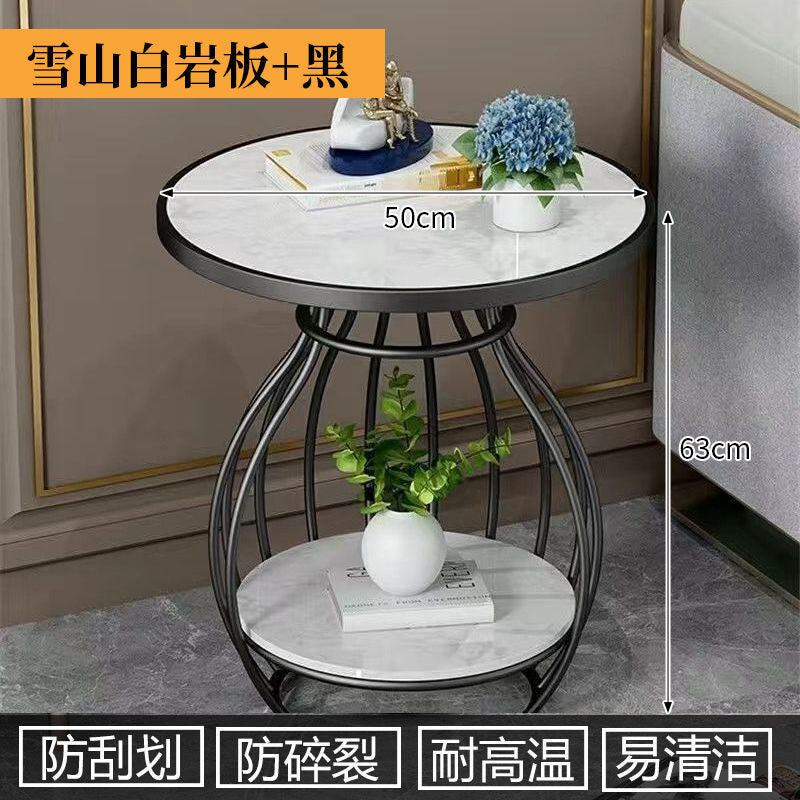 Rock slab small coffee table for home small apartment side table living room balcony round tea table double-layer storage beauty salon small table