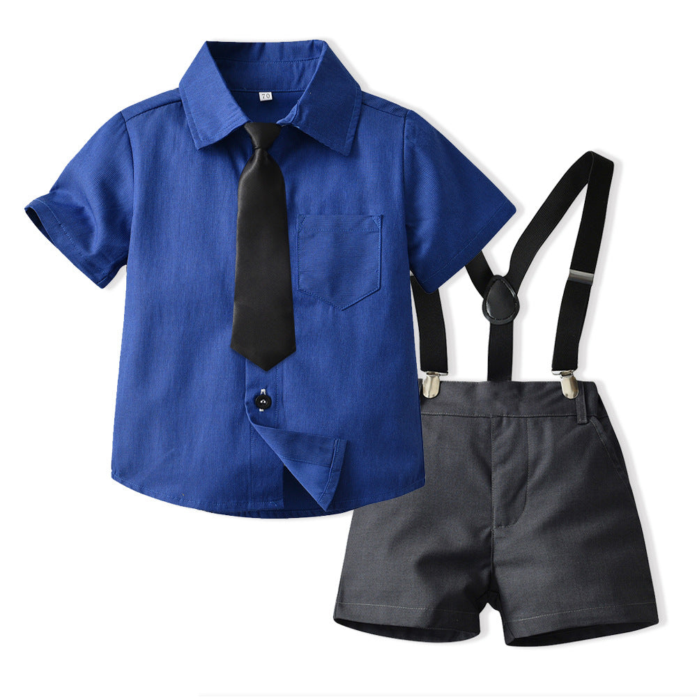 boys' summer floral suit, new kids' stylish short-sleeved floral shirt with trendy tie, baby formal wear