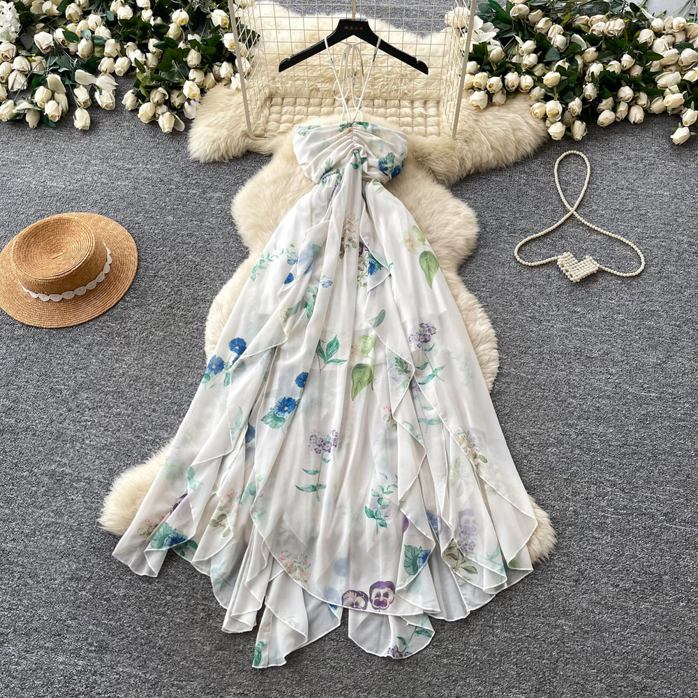 Vacation style halter floral backlessdress women's summerrufflesasymmetrical sleeveless fairy waist long skirt