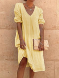 european and american cross-border   cotton linen solid color fashion mid-length long sleeve casual midi dress