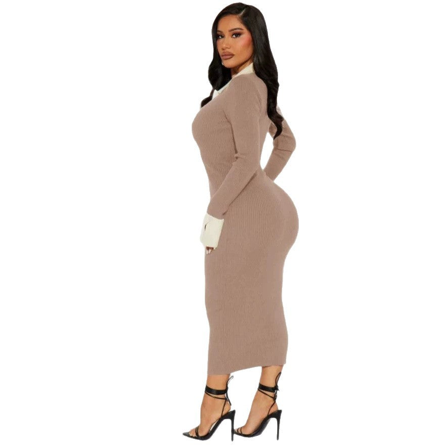 european and american  autumn/winter new arrival: elegant high-waisted long-sleeve color block knit dress for women - cross-border e-commerce