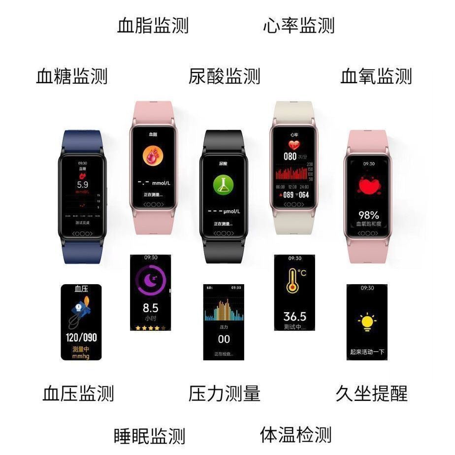 New non-invasive blood glucose, blood pressure, blood lipid, blood oxygen, uric acid, heart rate, body temperature, and sleep monitoring smart bracelet with phone functionality