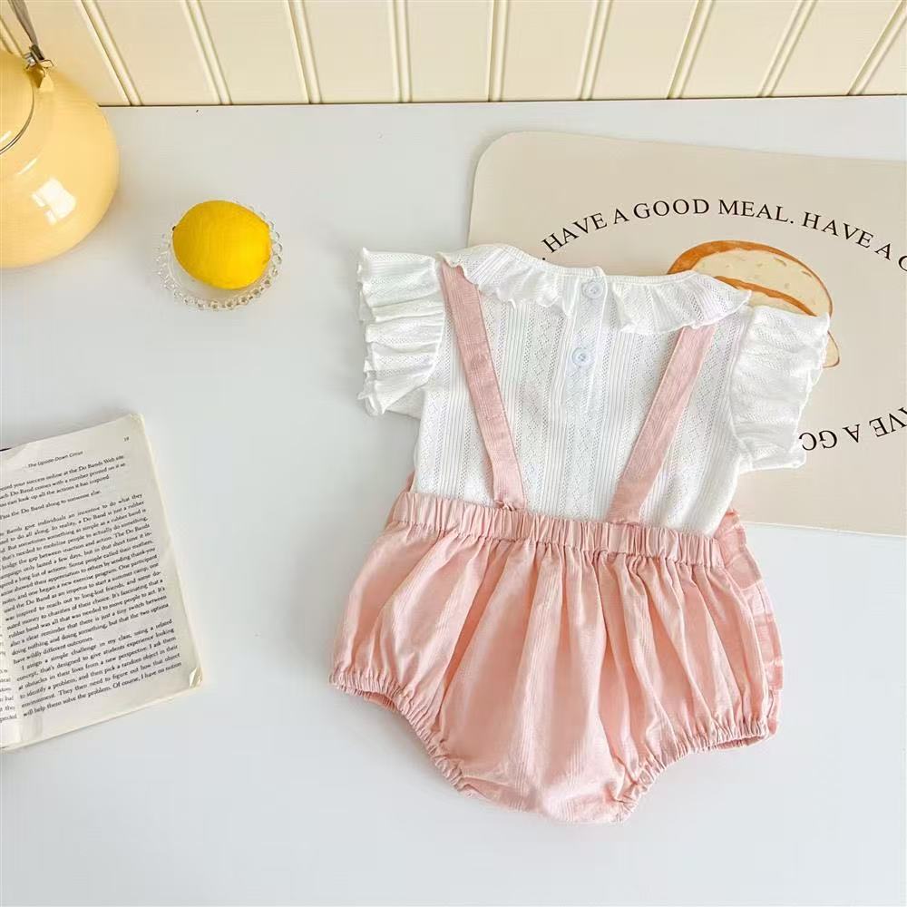 Summer newborn & infant fashion lace overalls set - baby girl cute top & lace inner layer 4-piece outfit