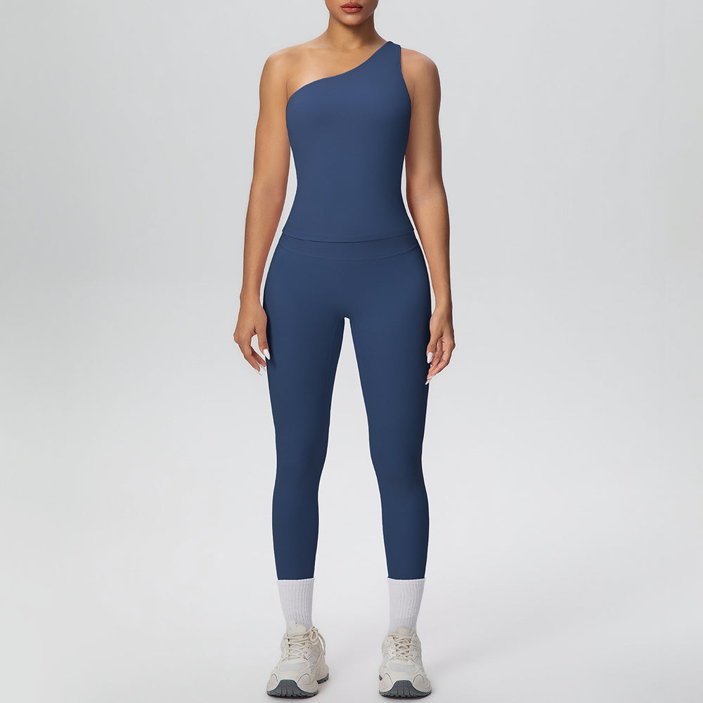 New arrival cross-border double-sided brushed nude tight one-shoulder vest sports suit running fitness yoga clothes two-piece set