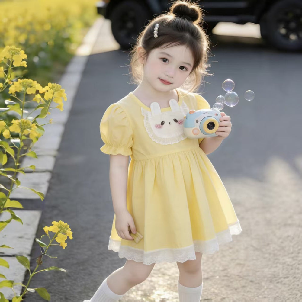 【dropshipping】girls' summer dress - round neck, cartoon lace trim, infant/toddler summer clothing, children's wear, baby clothes