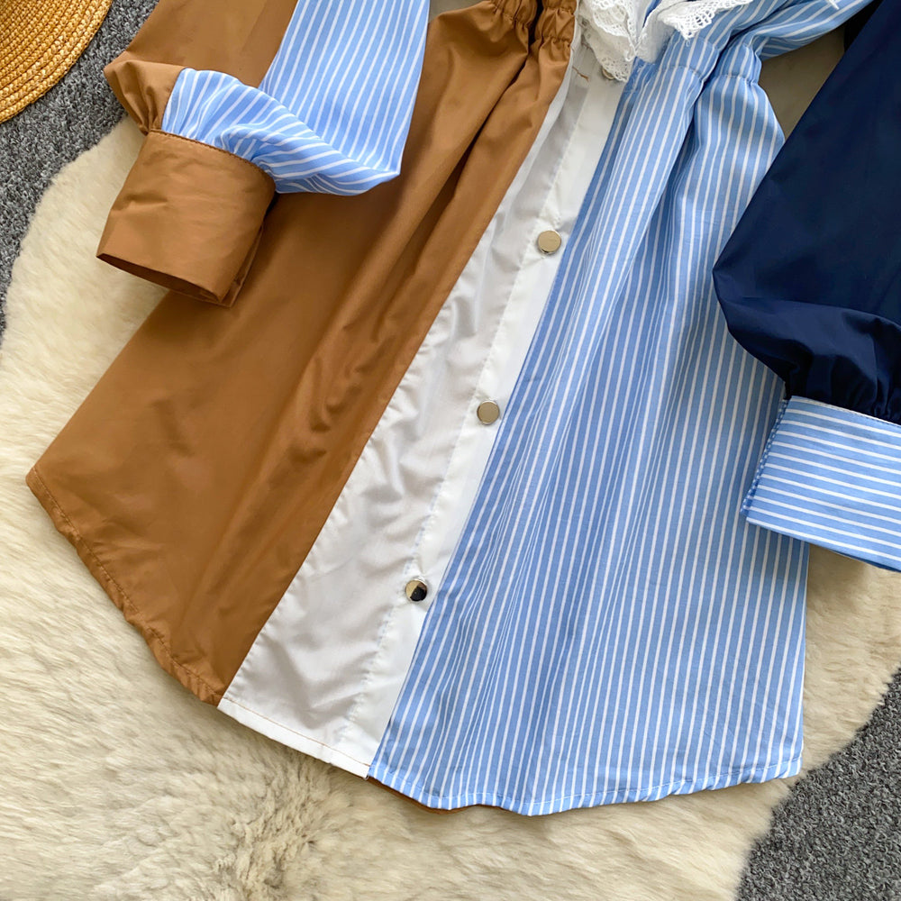 Vintage patchwork two-piece look shirt dress - women's summer long sleeve striped cinched waist midi work dress